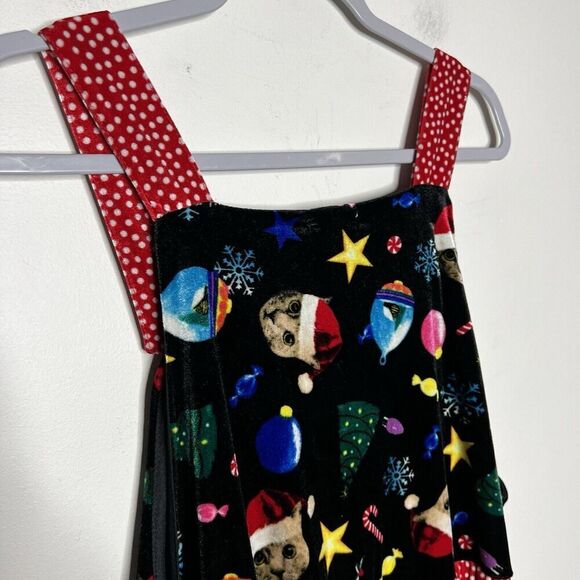 Love On A Hanger Overalls Womens Large‎ Black Velour Christmas Kitty Cat Santa - Picture 13 of 14